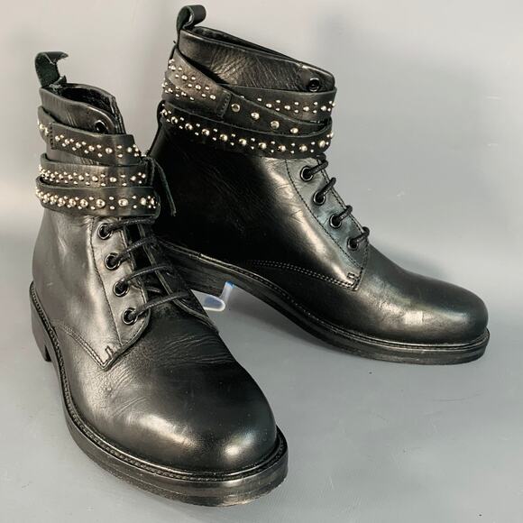 MAJE Size 7 Black Studded Leather Wrap Around Lace-Up Ankle Boots - Picture 1 of 10